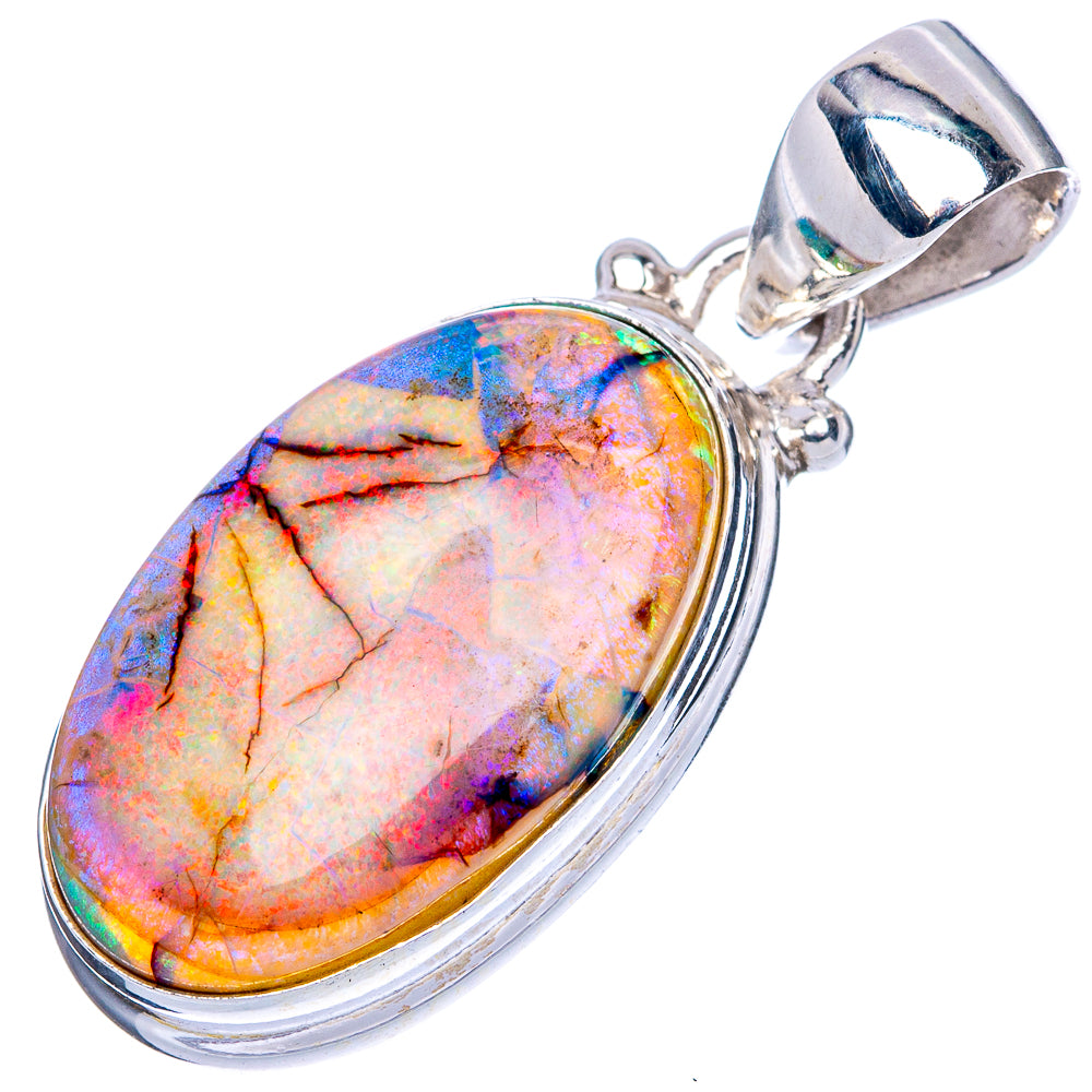 Sterling silver oval opal pendant with multicolor iridescent stone and loop bail