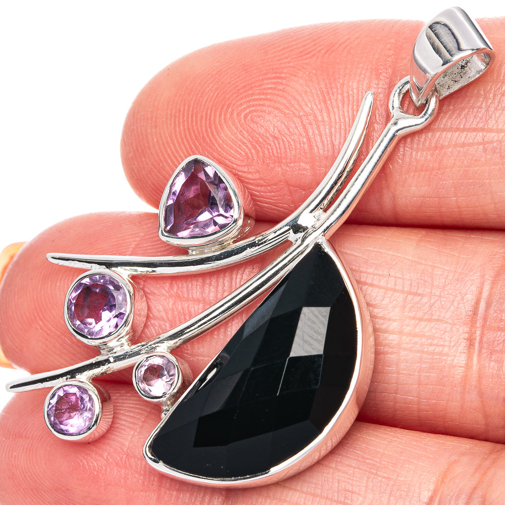 Premium Black Onyx, Amethyst Pendant 1 3/4" (925 Sterling Silver) P41857