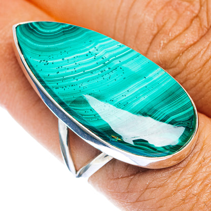Sterling silver ring with oval malachite teardrop stone, turquoise green striped face