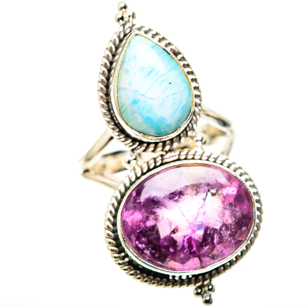 Sterling silver ring with teardrop larimar top and oval amethyst bottom, rope bezels