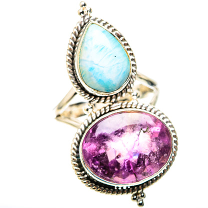 Sterling silver ring with teardrop larimar top and oval amethyst bottom, rope bezels