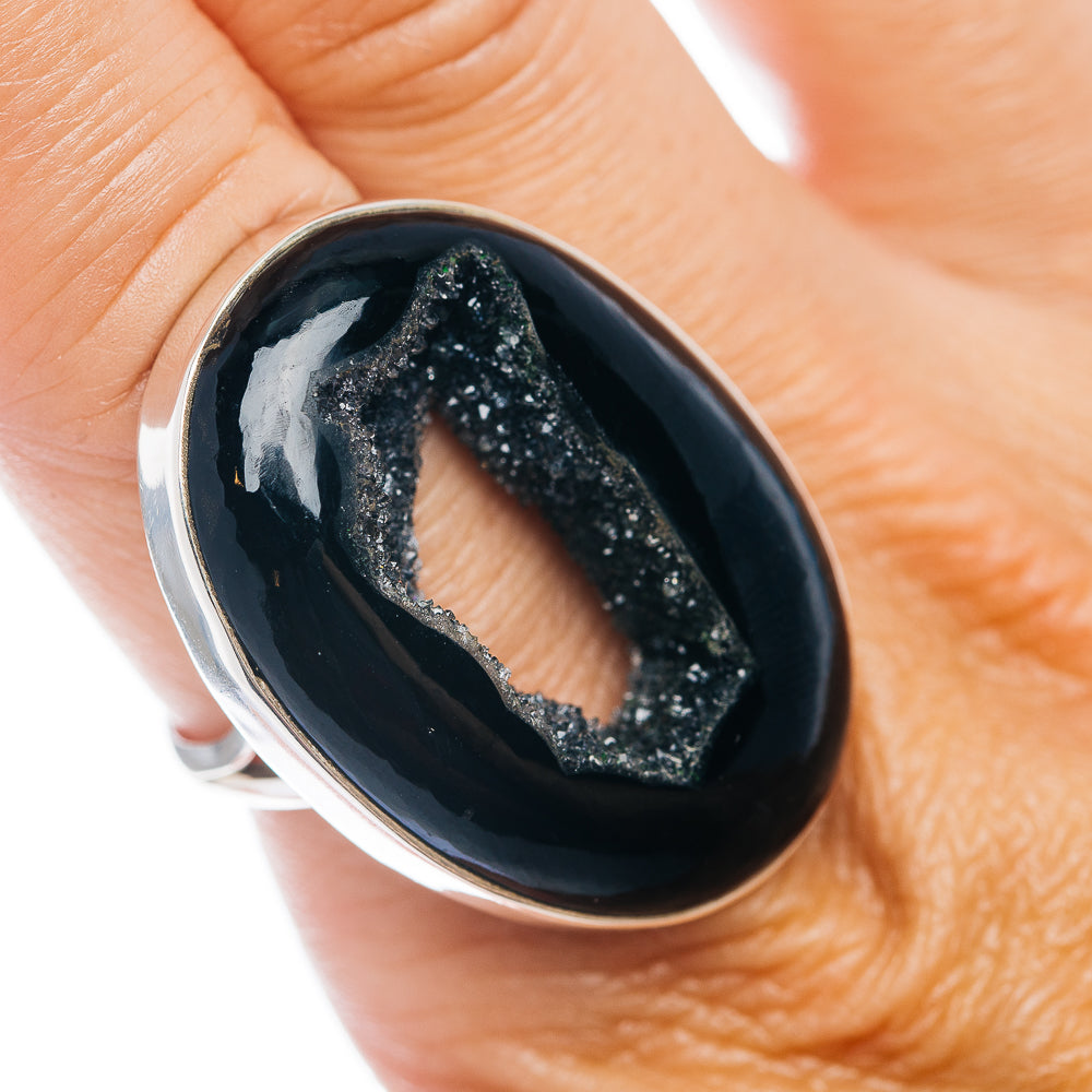 Premium Black Window Druzy Ring Size 9.75 (.925 Sterling Silver)