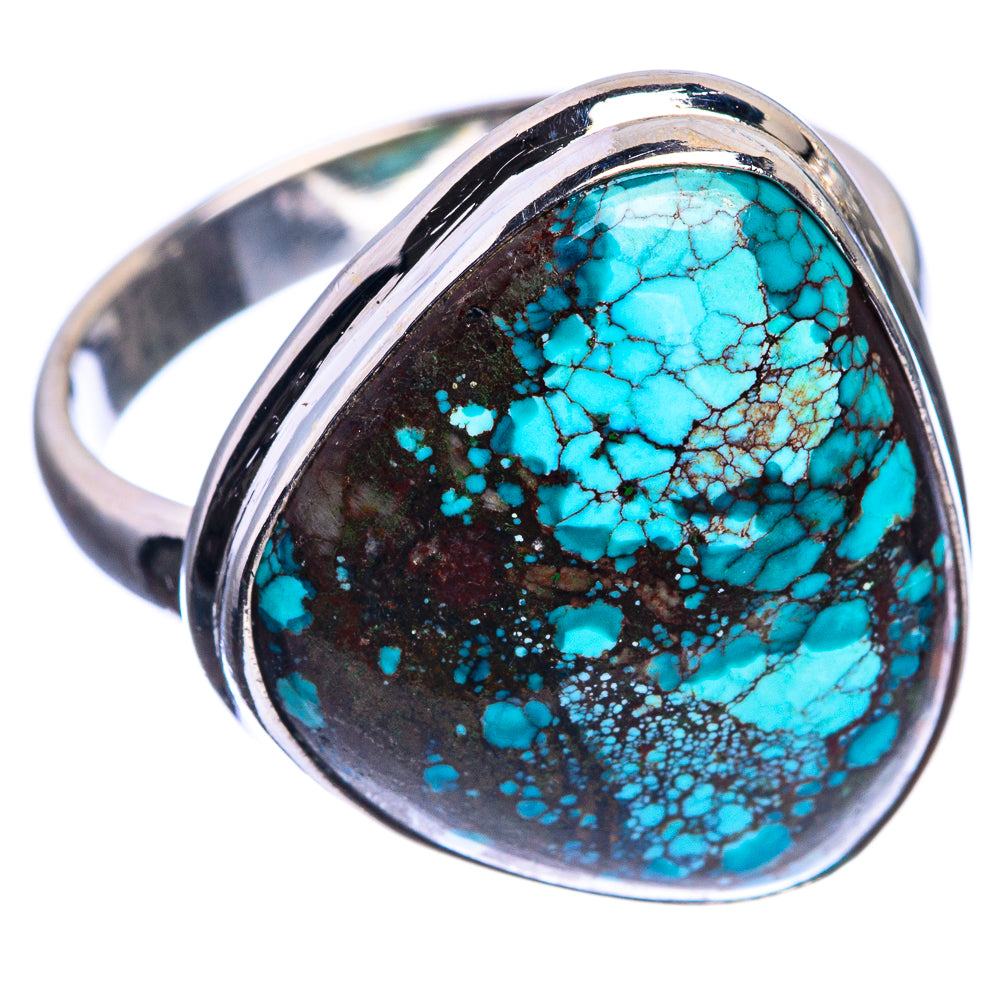 Tibetan turquoise cabochon ring in sterling silver, oval stone with dark matrix