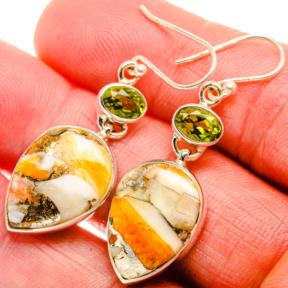 Orange Copper Composite Turquoise, Peridot Earrings 1 3/4" (925 Sterling Silver) EARR432027