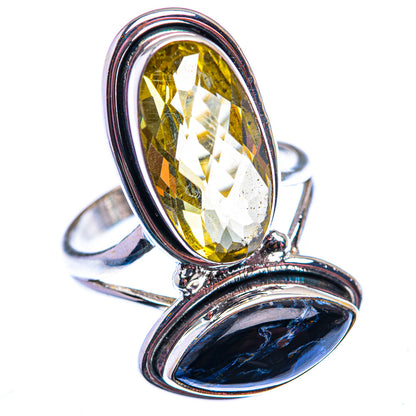 Sterling silver double-stone ring with faceted yellow citrine and blue pietersite