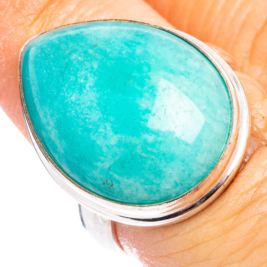 Amazonite oval stone sterling silver ring on hand, turquoise gem bezel detail