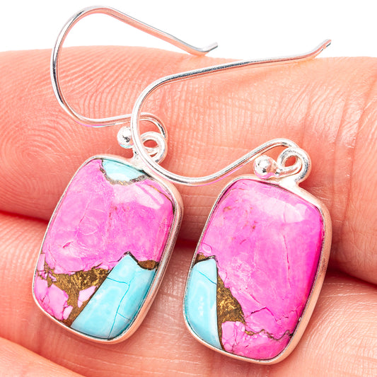 925 sterling silver drop earrings, pink and turquoise gemstone panels, fishhook.