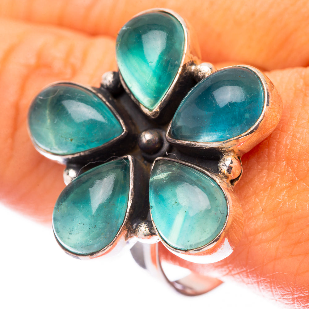 Sterling silver flower ring with five prong-set teardrop blue-green fluorite stones