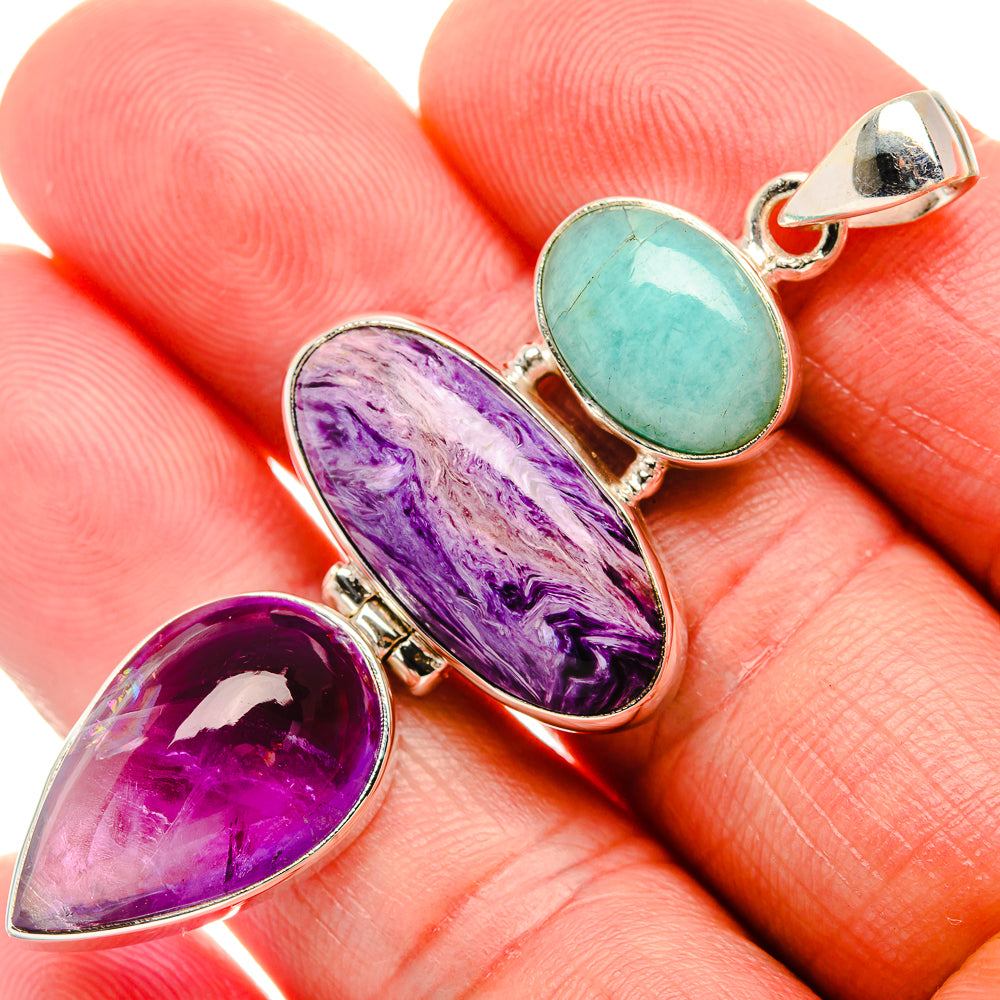 Charoite, Amethyst, Amazonite Pendant 2 1/4" (925 Sterling Silver) PD38169