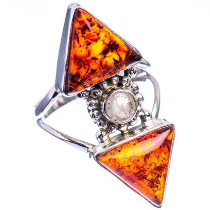 Baltic Amber, Rainbow Moonstone Ring Size 10 (925 Sterling Silver) R142038