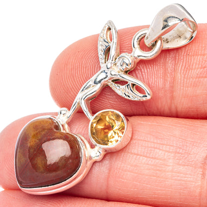 Bloodstone, Citrine Fairy Heart Pendant 1 5/8" (925 Sterling Silver) P41042