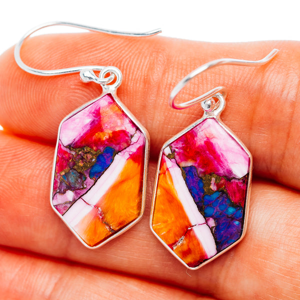 Pink Dahlia Turquoise Earrings 1 1/2" (.925 Sterling Silver)