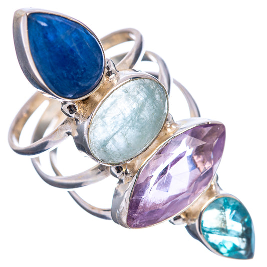 Sterling silver oval multi-stone ring with blue, pale green, amethyst purple, turquoise gems