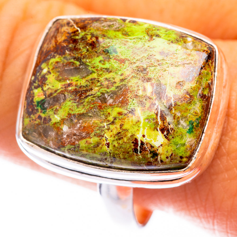 925 sterling silver ring with rectangular green-and-brown speckled gemstone top view