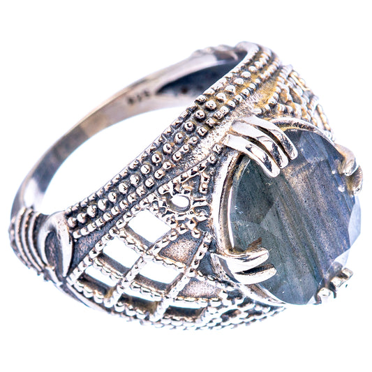 Oval labradorite-style gemstone ring in .925 sterling silver, ornate filigree band