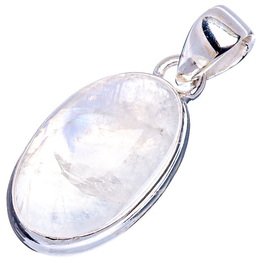 Oval rainbow moonstone pendant in sterling silver, polished frame with loop bail
