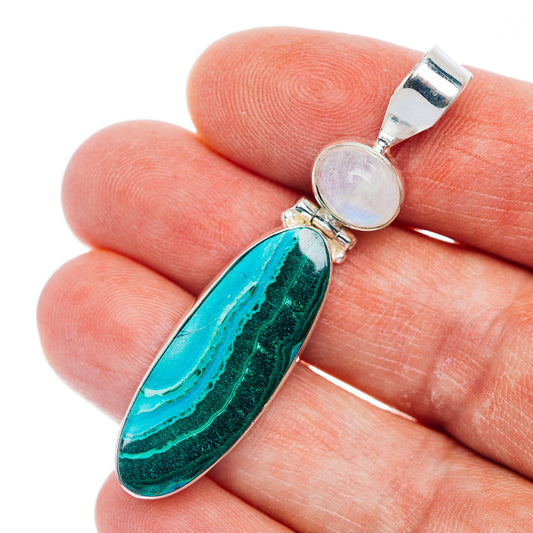 Sterling silver pendant with teardrop green malachite/chrysocolla inlay and moonstone charm