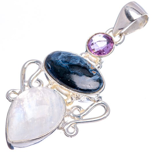 Sterling silver gemstone pendant with round amethyst, pale moonstone, and dark blue oval gem