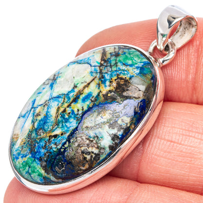 Oval gemstone pendant with blue-green marbled stone and 925 sterling silver bail