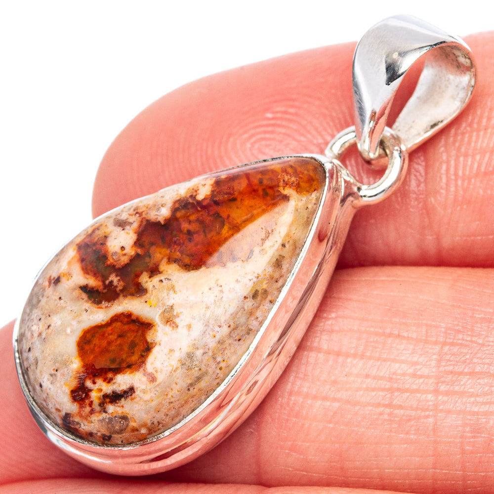 925 sterling silver Mexican fire opal teardrop pendant, orange-brown speckled stone