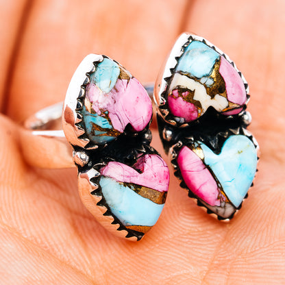 Adjustable heart ring with turquoise and pink marquise stones in black bezel setting