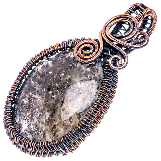 Oxidized copper wire wrap pendant with teardrop dark stone and circular spiral bail