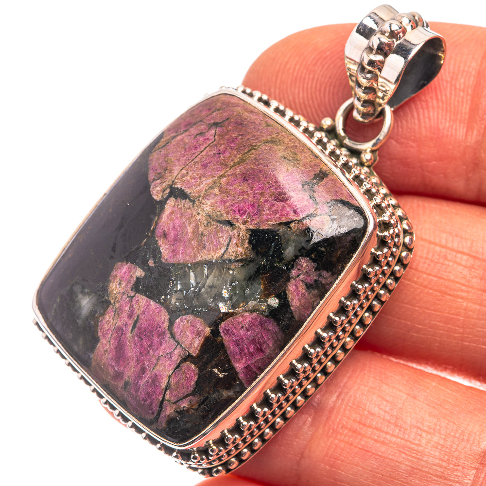 Stichtite pendant with rectangular purple-and-gray stone in 925 silver bezel, bead border