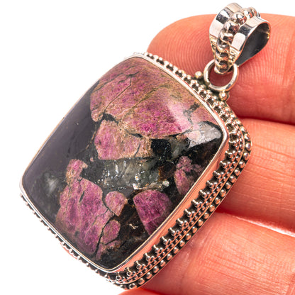 Stichtite pendant with rectangular purple-and-gray stone in 925 silver bezel, bead border