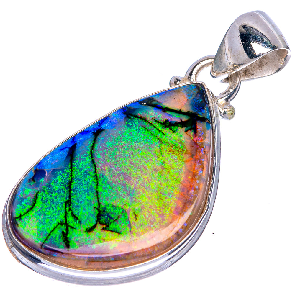 Sterling silver opal pendant in teardrop bezel, multicolor green-blue iridescent stone