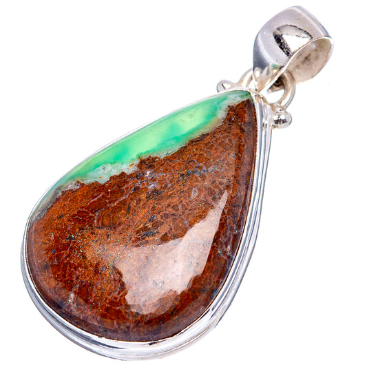 Sterling silver teardrop pendant with green chrysoprase edge and reddish-brown stone face