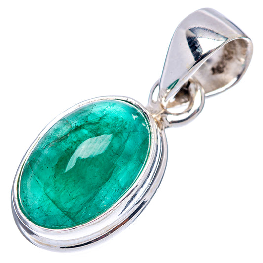 Oval green emerald cabochon pendant in .925 sterling silver bezel, front view with bail loop