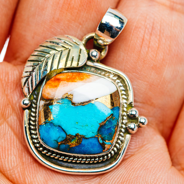 Southwestern Style Spiny Oyster Turquoise Pendant 1 1/4" (.925 Sterling Silver)