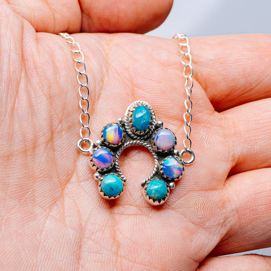 Southwestern Style Aurora Opal, Mohave Turquoise Bracelet 8 1/2" (.925 Sterling Silver)