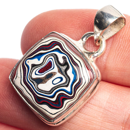 Sterling silver pendant with blue, red, and white marbled swirl, square frame