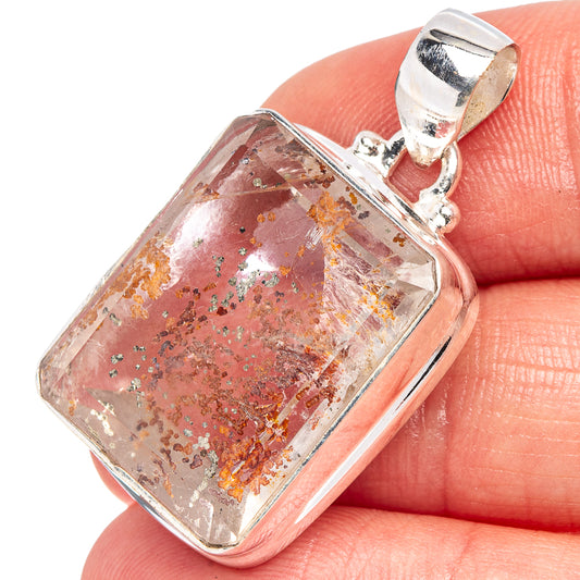 Sterling silver marcasite-in-quartz pendant, rectangular clear stone with speckled inclusions