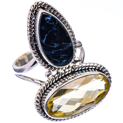 Sterling silver double-oval ring with dark blue pietersite top stone and yellow lemon quartz