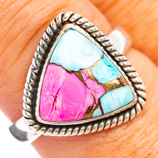 Turquoise and pink gemstone sterling silver ring, size 7.75, oval cabochon bezel