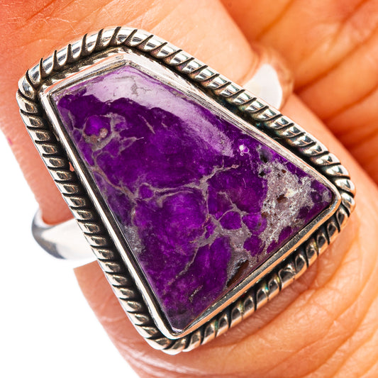Premium sugilite gemstone ring, purple stone set in sterling silver with rope border