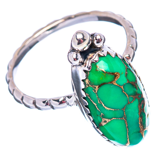Green copper turquoise oval ring with scalloped .925 sterling silver band