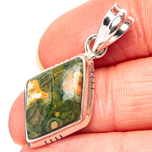 Rhyolite pendant, .925 sterling silver square frame with green-orange mottled stone.