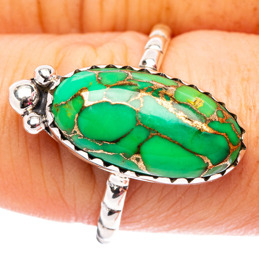 Green copper turquoise oval ring in .925 sterling silver, prong setting