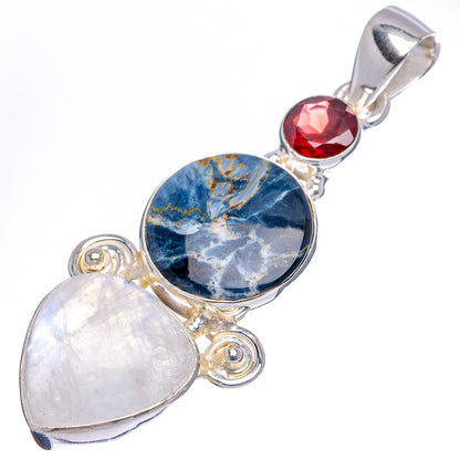 Premium Pietersite, Rainbow Moonstone, Garnet Pendant 1 7/8" (.925 Sterling Silver)