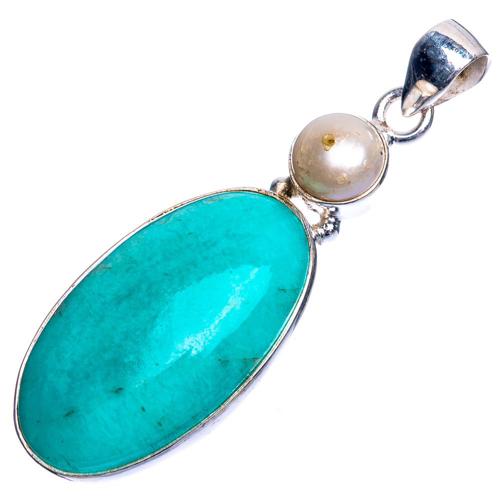 Sterling silver pendant with large oval turquoise stone, round cultured pearl drop