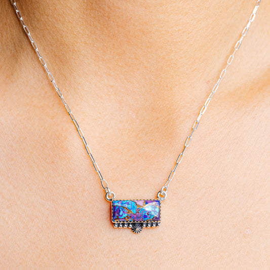 Sterling silver necklace with square multicolor turquoise-style pendant and linked chain