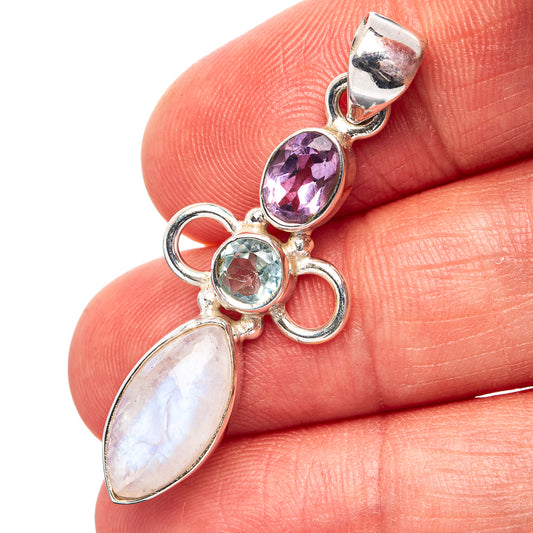 Rainbow Moonstone, Blue Topaz, Amethyst Pendant 1 5/8" (.925 Sterling Silver)