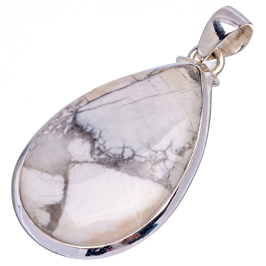 Howlite pendant, teardrop white stone with grey veining, .925 sterling silver setting