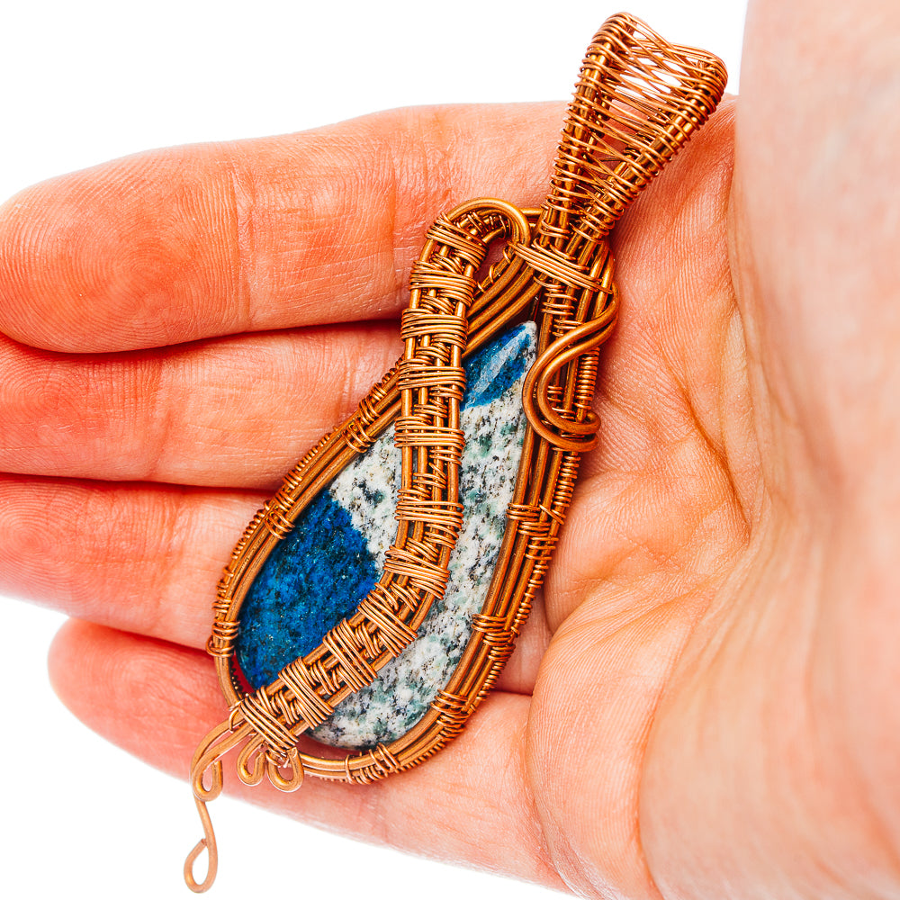 K2 Blue Azurite Wire Wrap Pendant 3 3/8" (Copper)