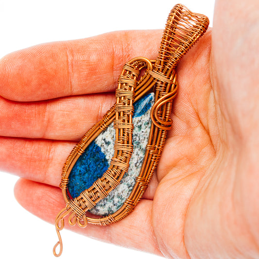 K2 Blue Azurite Wire Wrap Pendant 3 3/8" (Copper)
