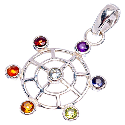 Sterling silver chakra wheel pendant with round stones in red, purple, blue, yellow