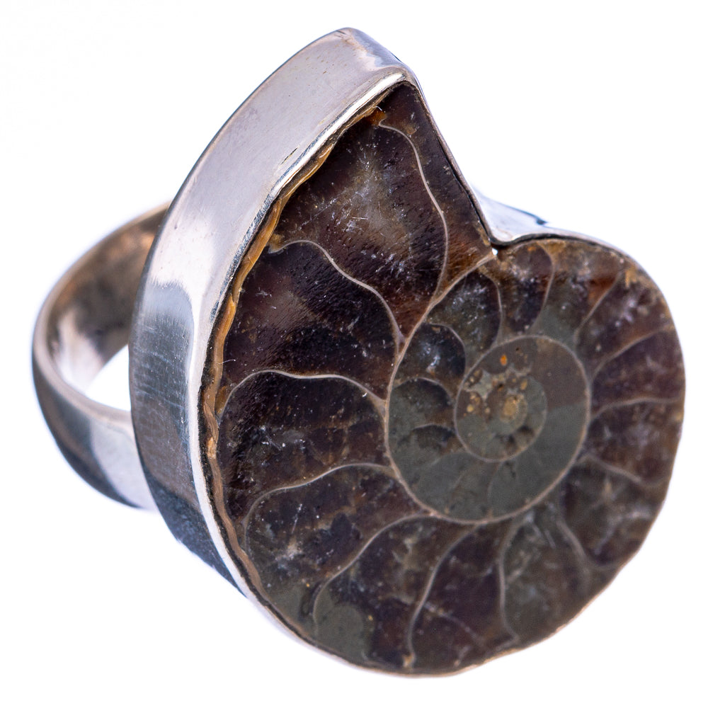 Sterling silver ammonite fossil heart ring, side view with dark spiral inset